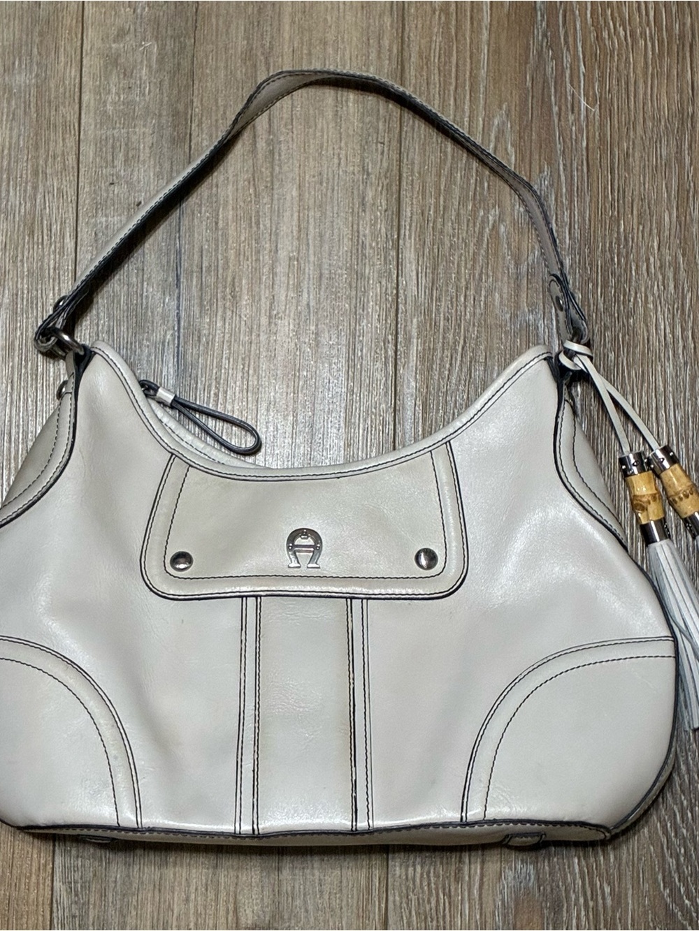 Etienne Aigner Cream Leather Shoulder Bag with Tassel Accent